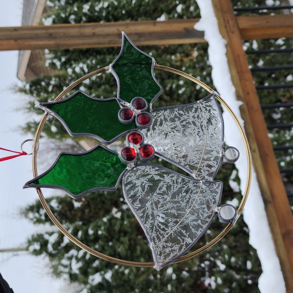 Stained glass Christmas bells and Holly berry leaves sun catcher